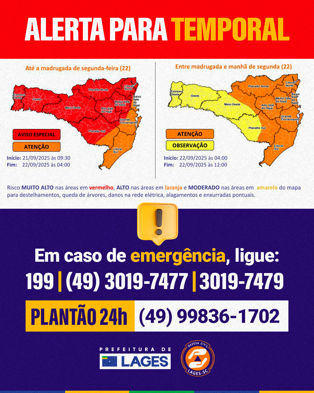 Prefeitura de Lages Defesa Civil alerta para risco de temporais em Lages neste domingo e segunda-feira