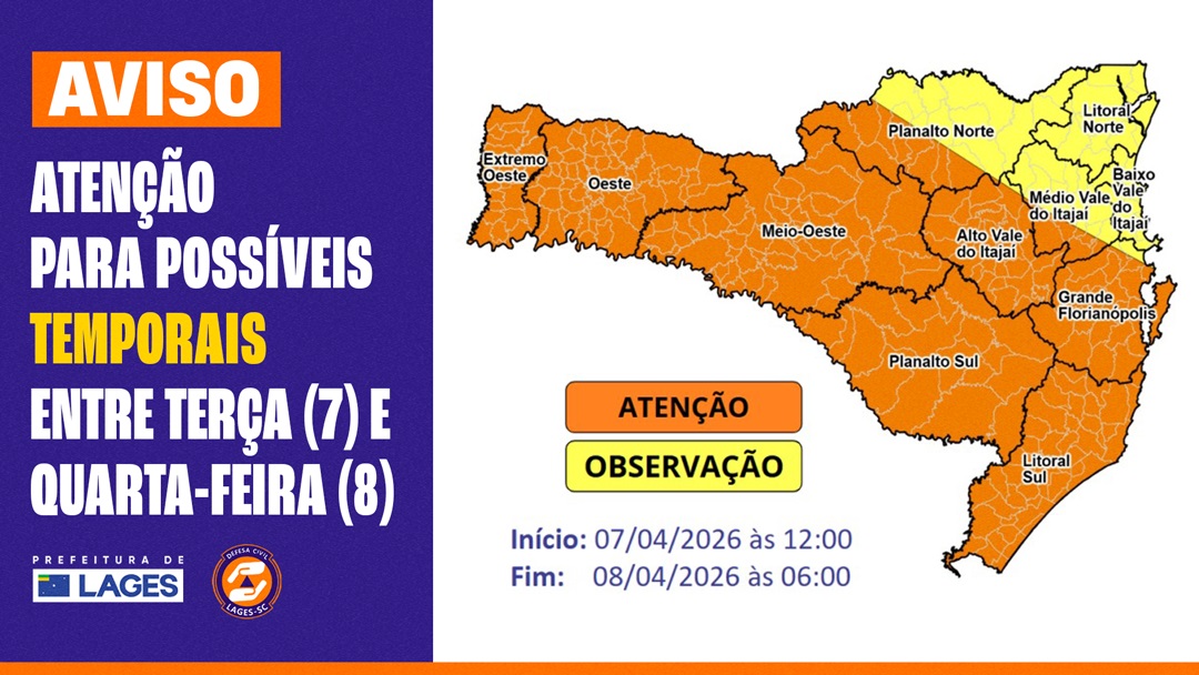 Prefeitura de Lages Prefeitura de Lages monitora condições climáticas e orienta população diante de aviso da Defesa Civil do Estado