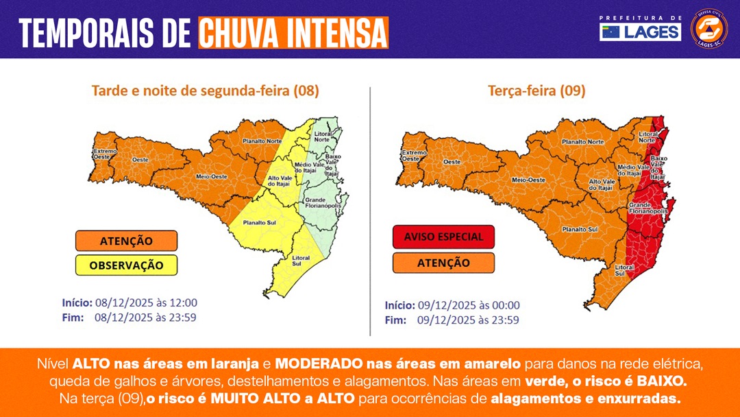 Prefeitura de Lages Coordenação de Proteção e Defesa Civil de Lages está em alerta devido à previsão de chuvas e ventos fortes para os próximos dias na região