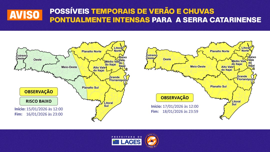 Prefeitura de Lages Defesa Civil Municipal monitora avisos sobre possíveis temporais de verão e chuvas pontualmente intensas para a Serra Catarinense nos próximos dias