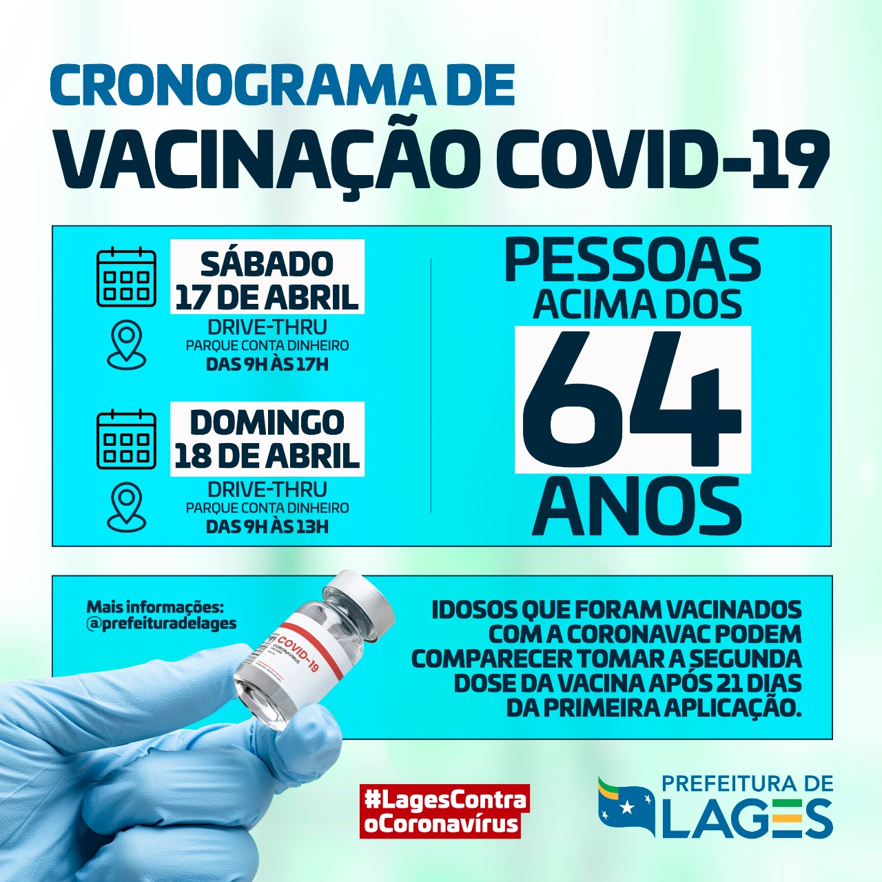 Prefeitura de Lages Lages: vacinação contra a Covid-19 será ampliada para as pessoas com 64 anos a partir de sábado