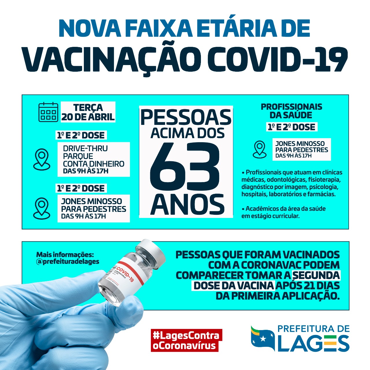 Prefeitura de Lages Vacinação em Lages é estendida aos idosos com idade a partir dos 63 anos 