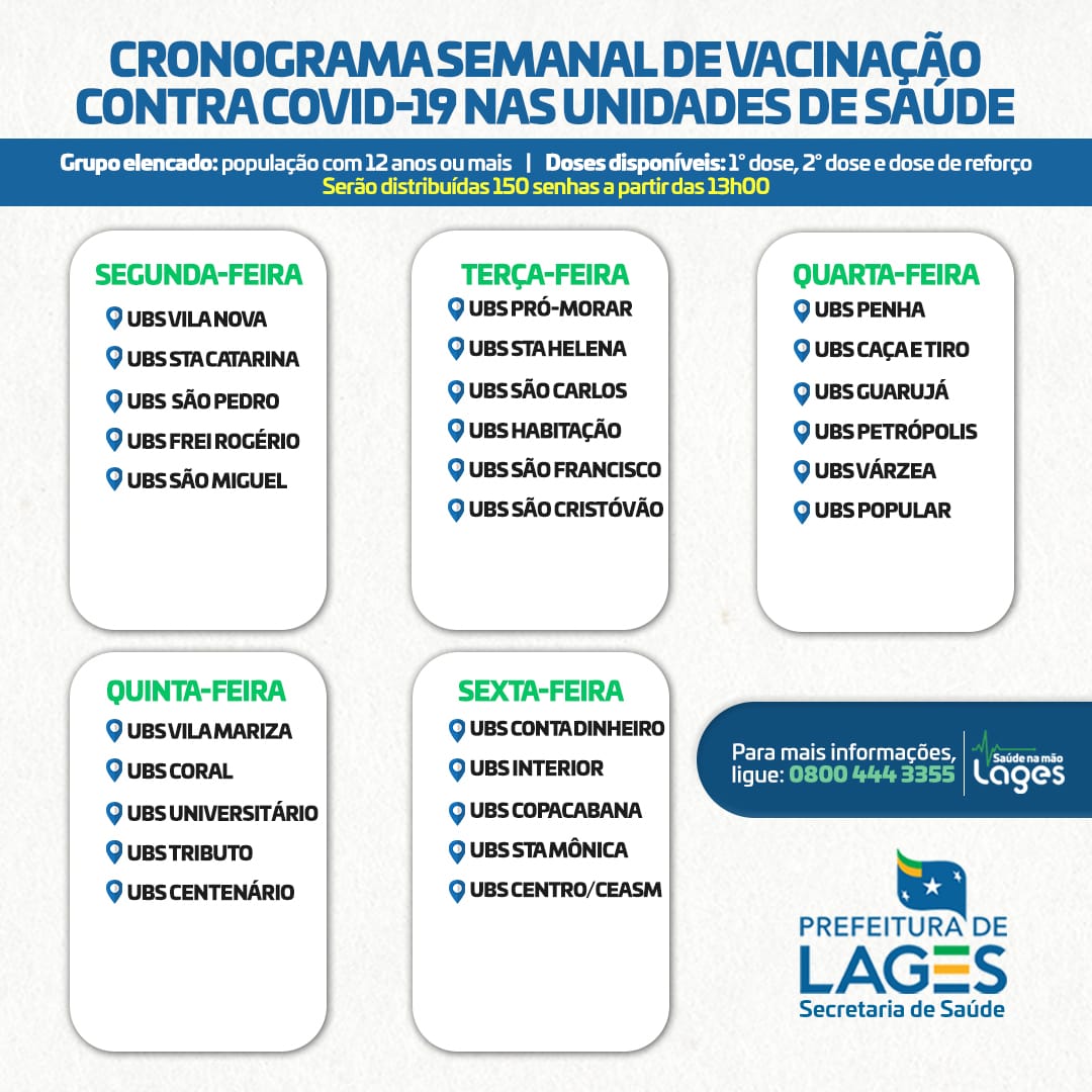 Prefeitura de Lages Coronavírus: cronograma de vacinação semanal é ampliado nas Unidades Básicas de Saúde, em Lages