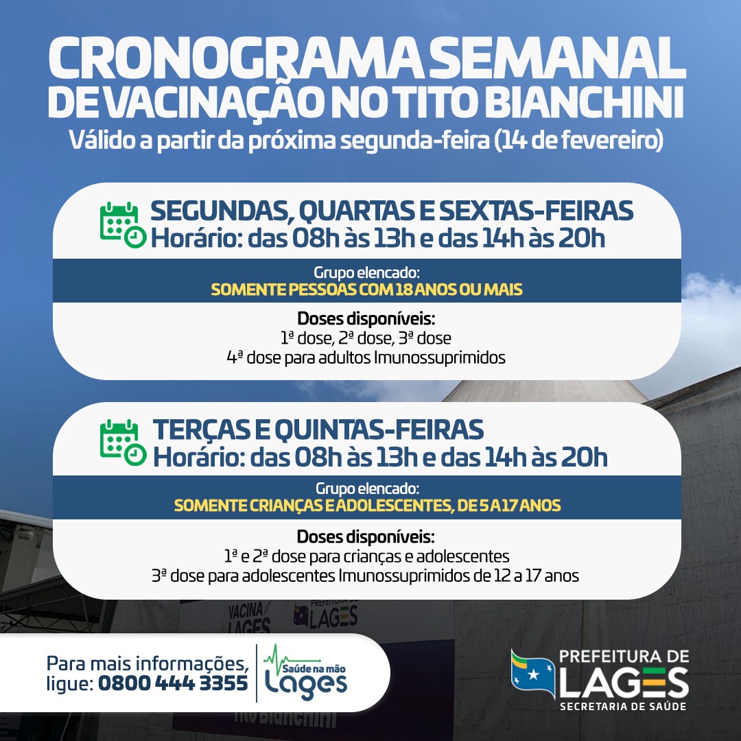 Prefeitura de Lages Coronavírus: vacinação em Lages nessa segunda-feira (14) com novo esquema no cronograma do Tito Bianchini