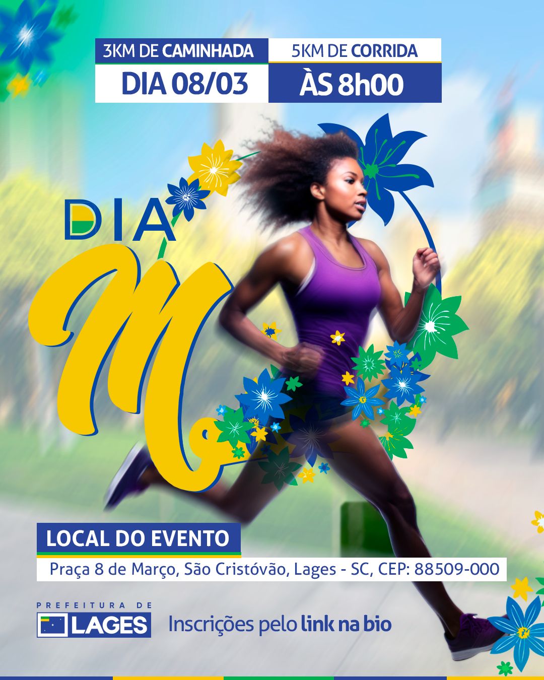 Prefeitura de Lages Evento Dia “M” irá enaltecer Dia Internacional da Mulher com realização da 1ª Corrida e Caminhada promovida pela Secretaria Municipal de Políticas para a Mulher