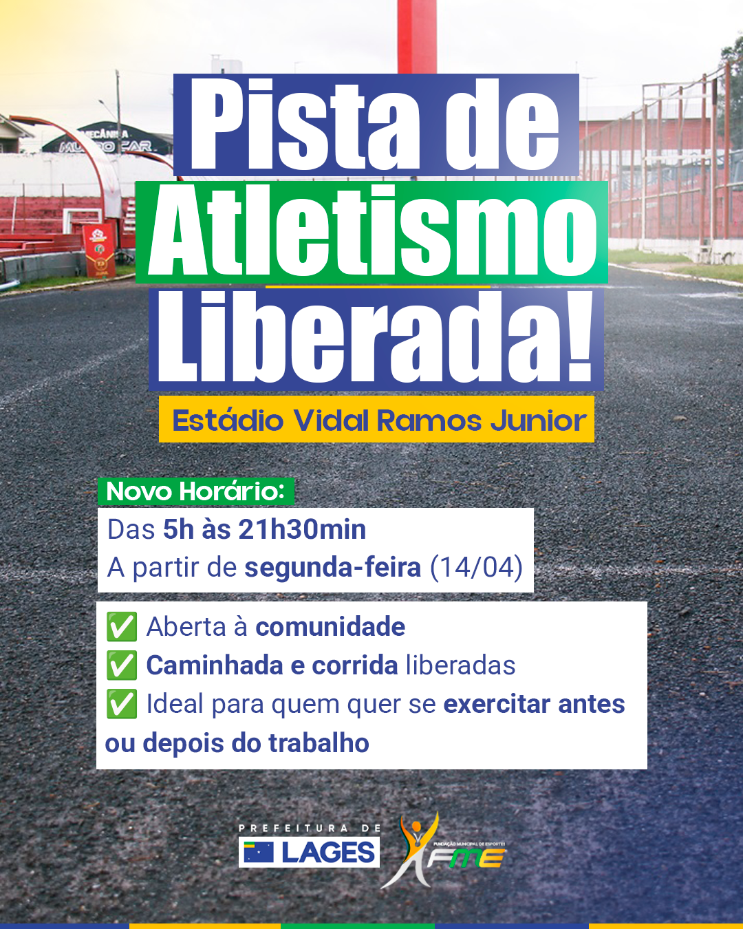 Prefeitura de Lages Pista de atletismo do Estádio Vidal Ramos Jr abrirá às 5h da manhã para caminhadas e corridas a partir de segunda-feira