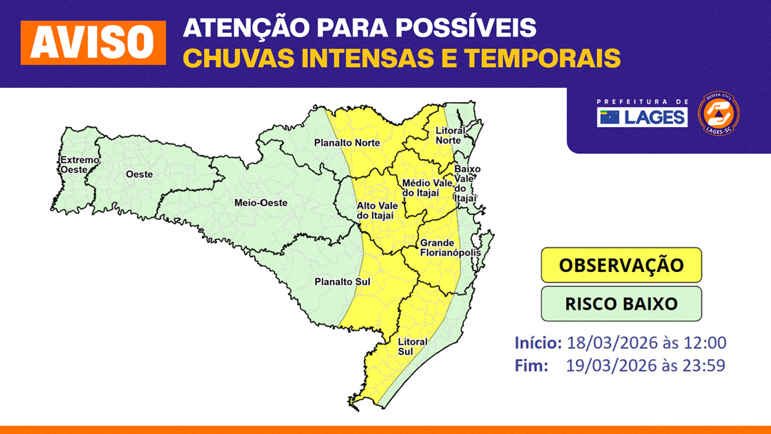 Prefeitura de Lages Prefeitura de Lages em atenção por risco moderado de chuvas intensas e temporais de verão nesta quarta e quinta-feira