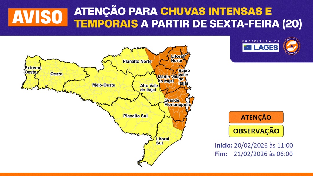 Prefeitura de Lages Prefeitura de Lages em atenção devido à previsão de chuvas intensas e temporais a partir desta sexta-feira (20)