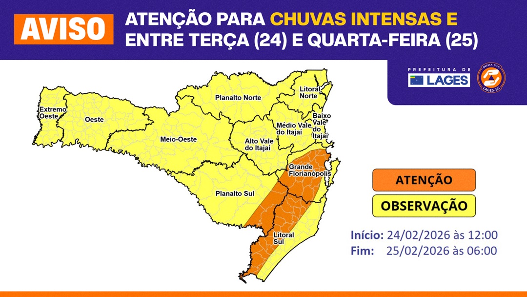 Prefeitura de Lages Prefeitura de Lages monitora condições climáticas com avisos da Defesa Civil Estadual para possíveis chuvas intensas nesta terça-feira (24)