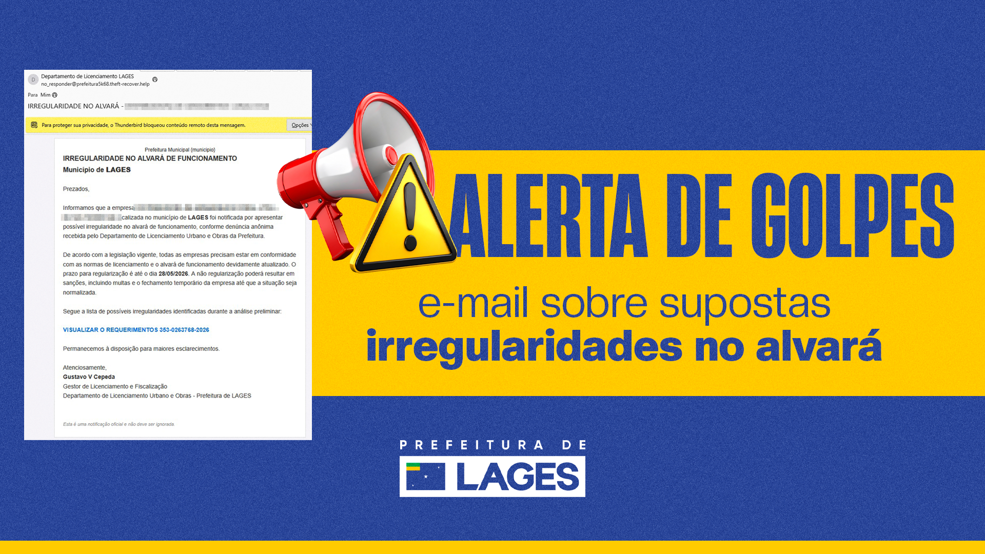 Prefeitura de Lages Alerta de golpes por e-mail sobre supostas irregularidades no alvará mobiliza Prefeitura de Lages