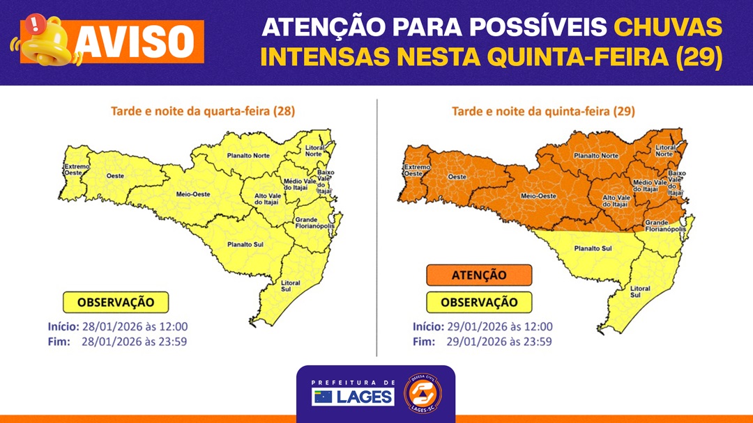 Prefeitura de Lages Prefeitura de Lages monitora condições do tempo após avisos da Defesa Civil do Estado para possíveis chuvas intensas e temporais nesta quinta-feira - 29 de janeiro 