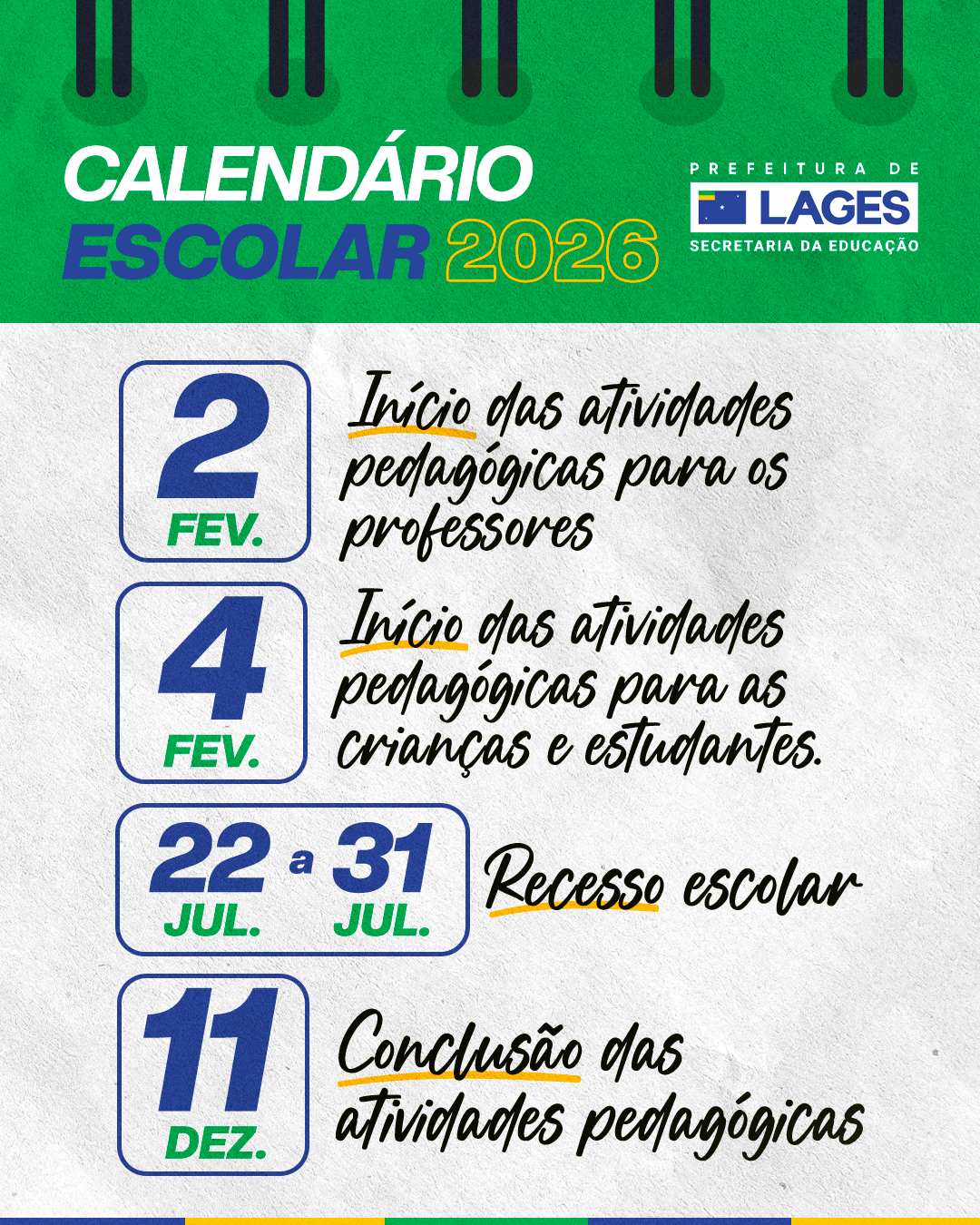 Prefeitura de Lages Secretaria da Educação divulga calendário escolar para o ano letivo de 2026